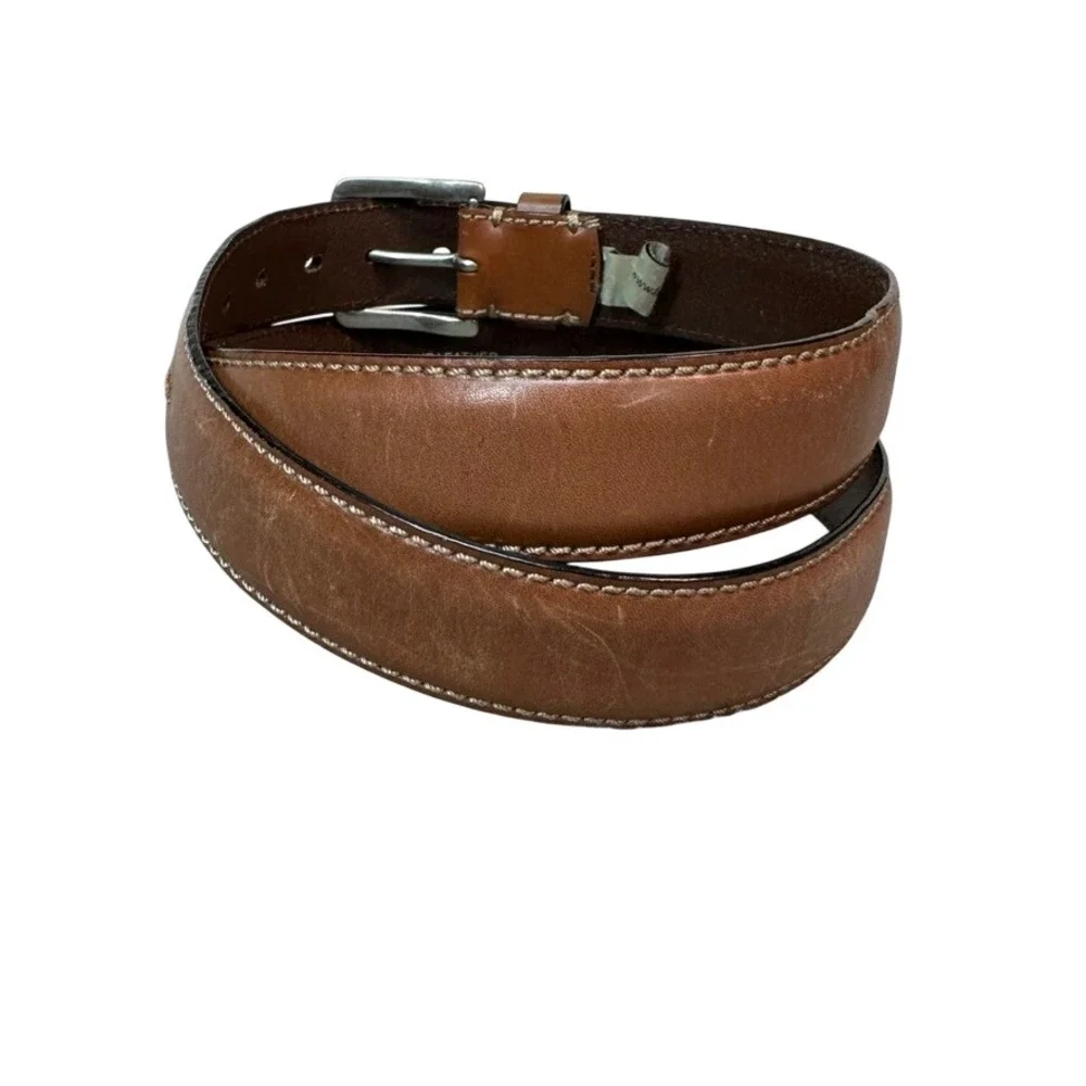 Fossil Mens Brown Leather Belt Size 44 MB1255 200 Contrast Stitch Silver Buckle